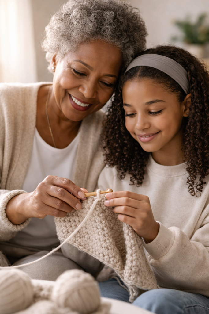 Grandmother and granddaughter crocheting